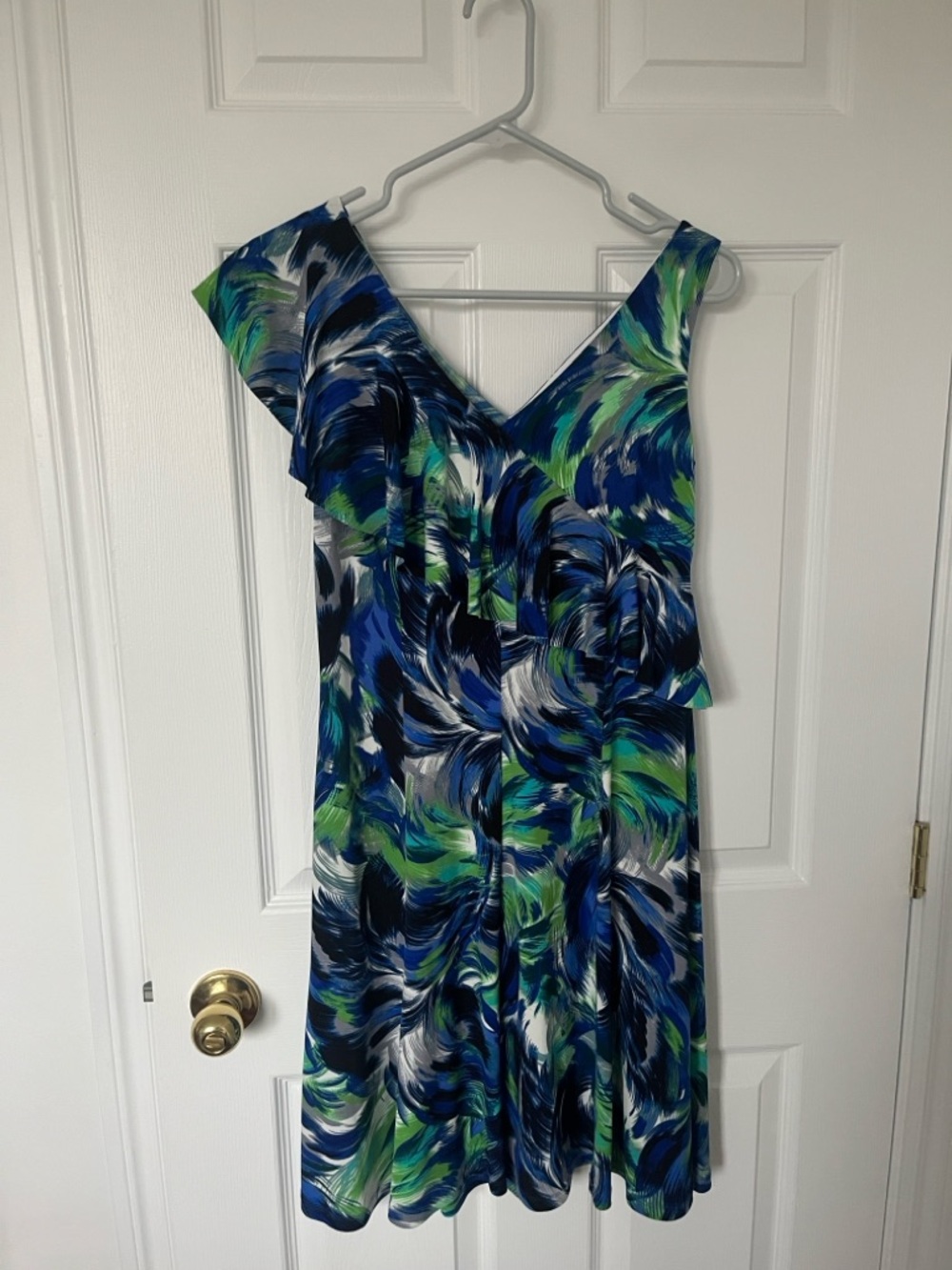 London Times One-Shoulder Blue, Green & White Swirl Dress
